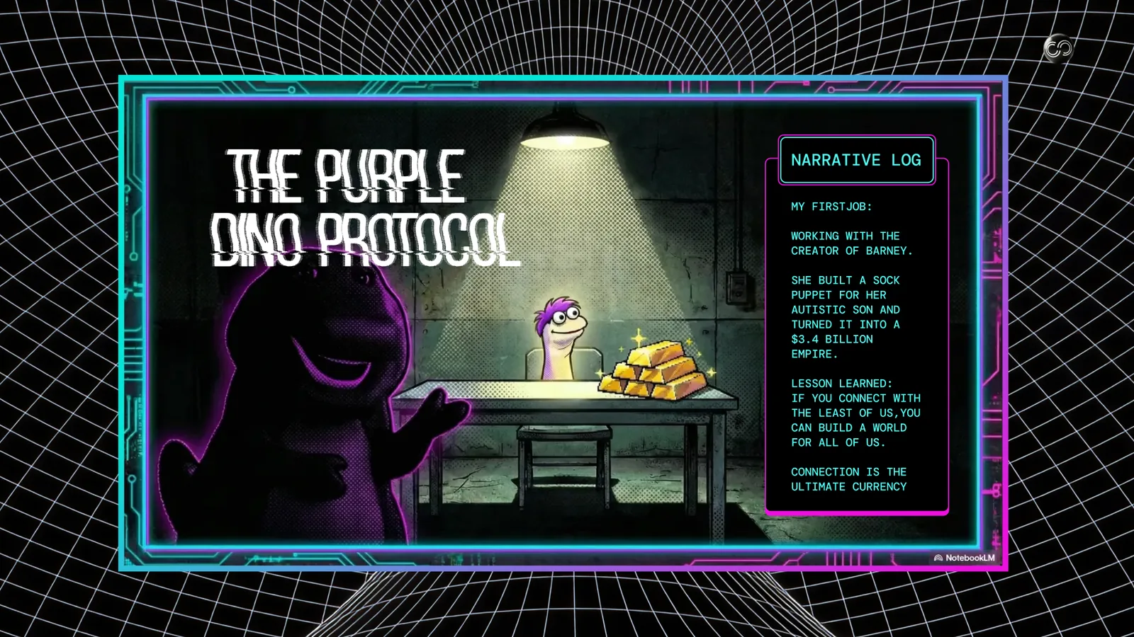 Panel 4, The Purple Dino Protocol. The shadow of a purple dinosaur beside a sock puppet and a stack of gold bars under a lamp.