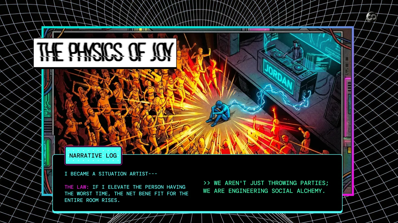 Panel 5, The Physics of Joy. A dancing crowd lit in orange, with energy arcing from a DJ booth across the room.