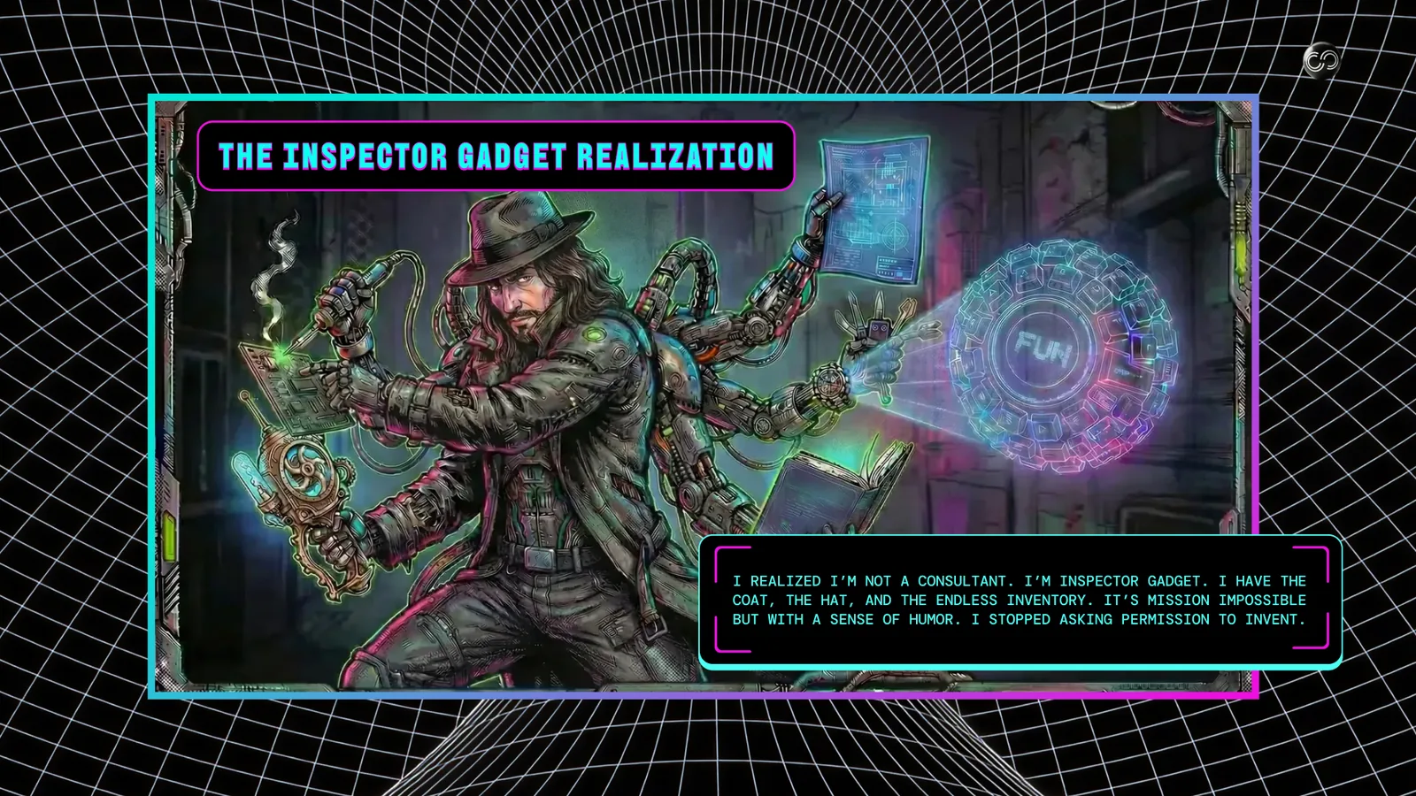 Panel 8, The Inspector Gadget Realization. A trench-coated inventor with many mechanical arms holding tools.