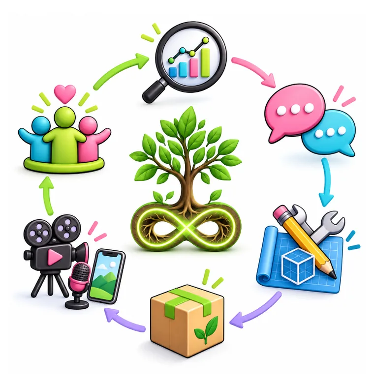 A ring of icons around a tree with infinity-loop roots: people, a magnifier over a chart, speech bubbles, design tools, a parcel, and a film camera with a phone, joined by arrows.