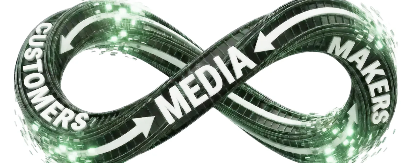 An infinity loop made of green voxels, labelled Customers on one side, Makers on the other, and Media where they cross.