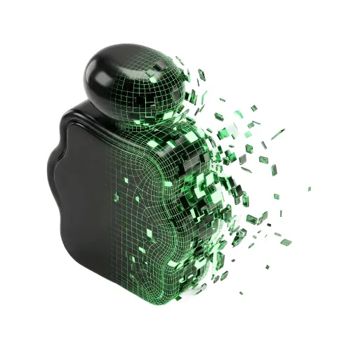A perfume bottle dissolving into green voxels.