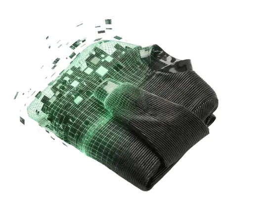 A folded knit garment dissolving into green voxels.